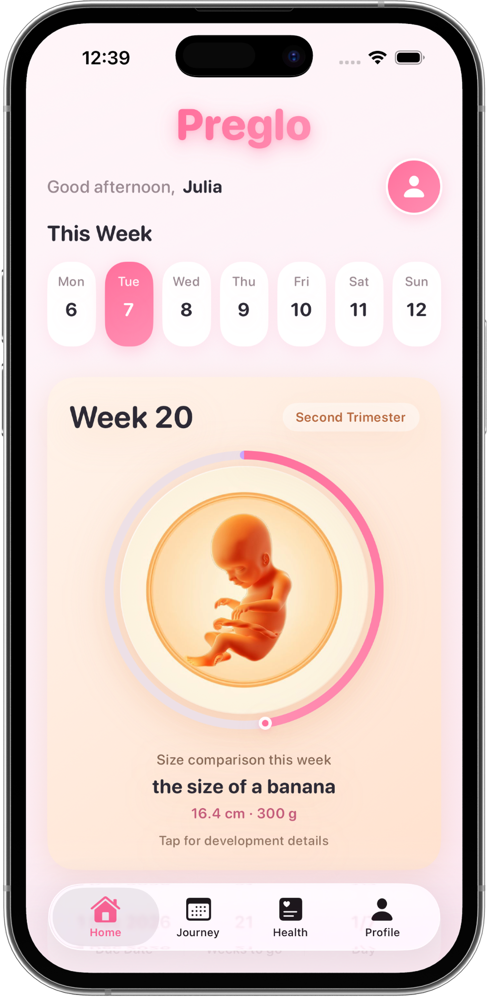 Preglo pregnancy tracker app showing current week and baby size on iPhone